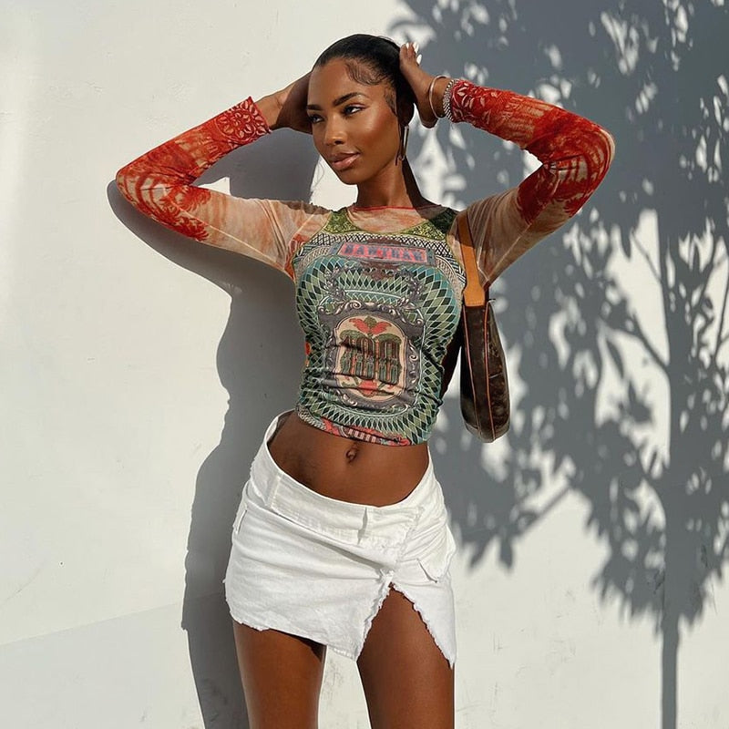 WW | Langärmliges Mesh-Top mit Tattoo-Print