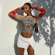 WW | Langärmliges Mesh-Top mit Tattoo-Print