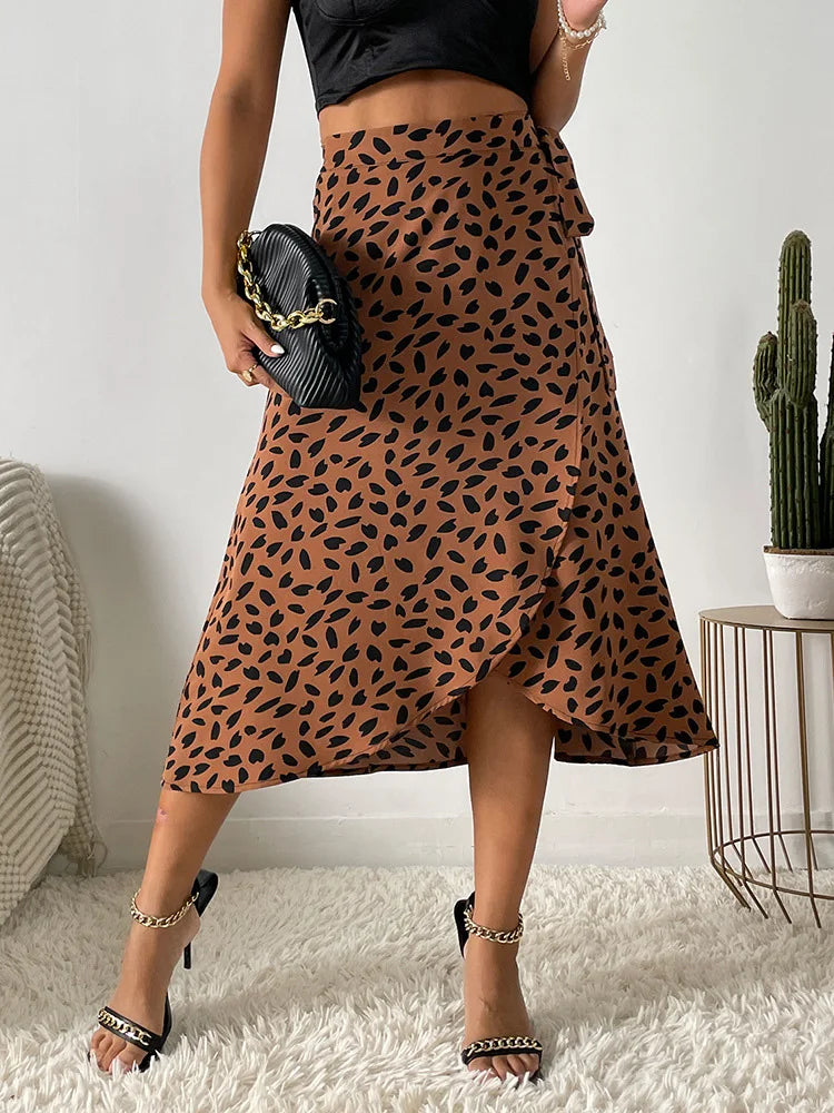 WW Asymmetrischer Rock | Moderner bedruckter A-Linien-Rock mit Bindeseite und hoher Taille für Damen