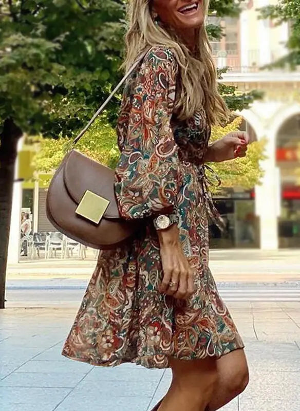 W&W Mode | Bedrucktes Boho-Kleid mit langen Ärmeln für Frauen