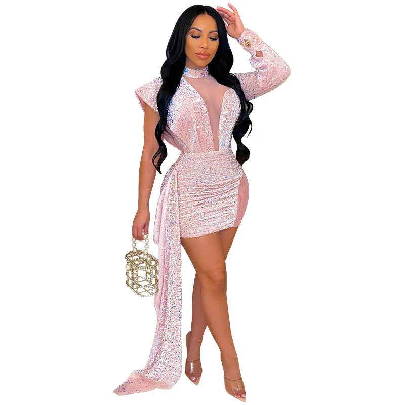 WW | Frauen Pailletten Mini Weiß Kleid Festlich Transparent Hoher Hals Sexy Lange Ärmel Bodycon Kurz Abend Elegant Kleider