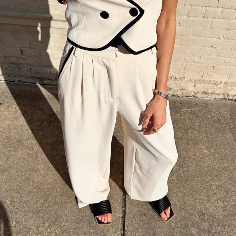 WW | Damen Zusammengesetzte V-Ausschnitt Ärmellose Tanktop Overalls Elegante Lässige Tasche Breite Beinform Hose Damen 2 Teilig Set Weste Hose Outfit