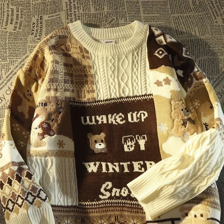 W&W Mode -Hässlicher Weihnachtspulli - Lockerer Retro-Pullover mit V-Ausschnitt und Farbblock-Design