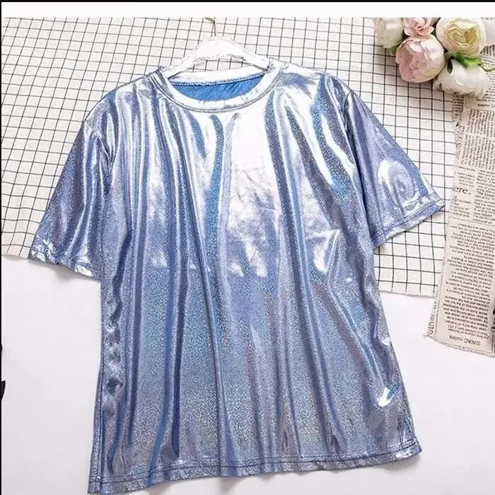 WW | S 5Xl Damen Funkelnd Shiny Metallisch Holografisch Rundhals Kurzarm Lässig Lose Top Festival Party T-Shirt Damenbekleidung