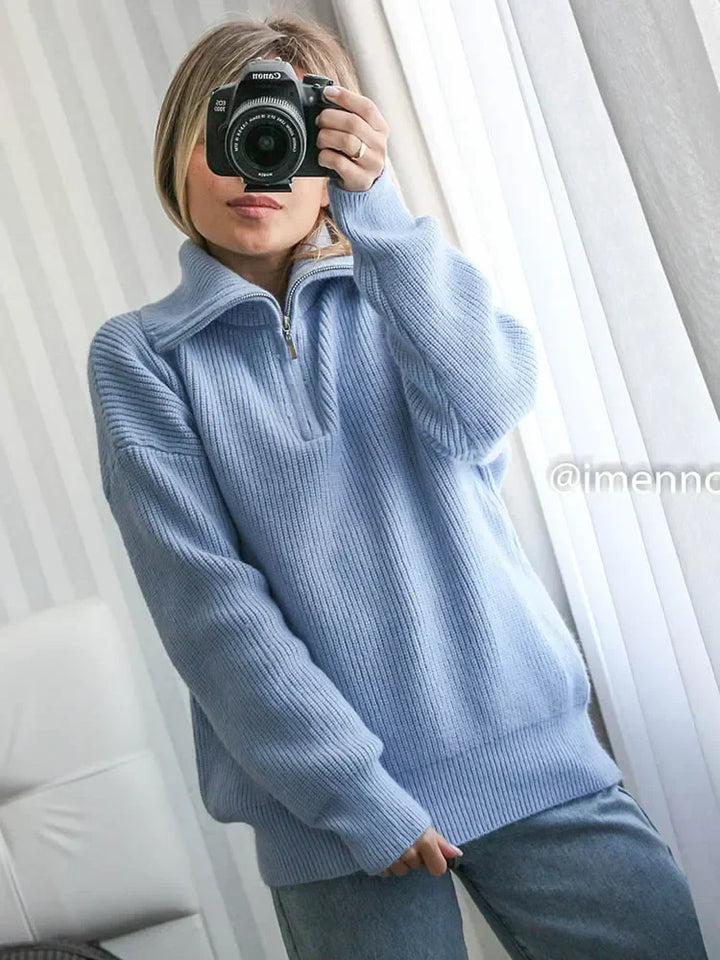 Gestreifter Turtleneck Damenpullover mit Reißverschluss