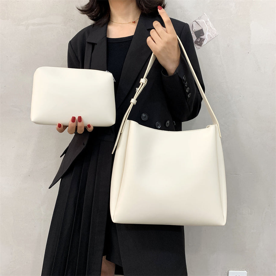 WW Hochwertige Damen Shopper Große Kapazität Schultertasche Reine Farbe Breiter Riemen Weiches PU-Leder
