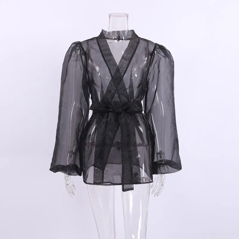 Damen Organza-Bluse mit Bindegürtel und transparentem Stoff