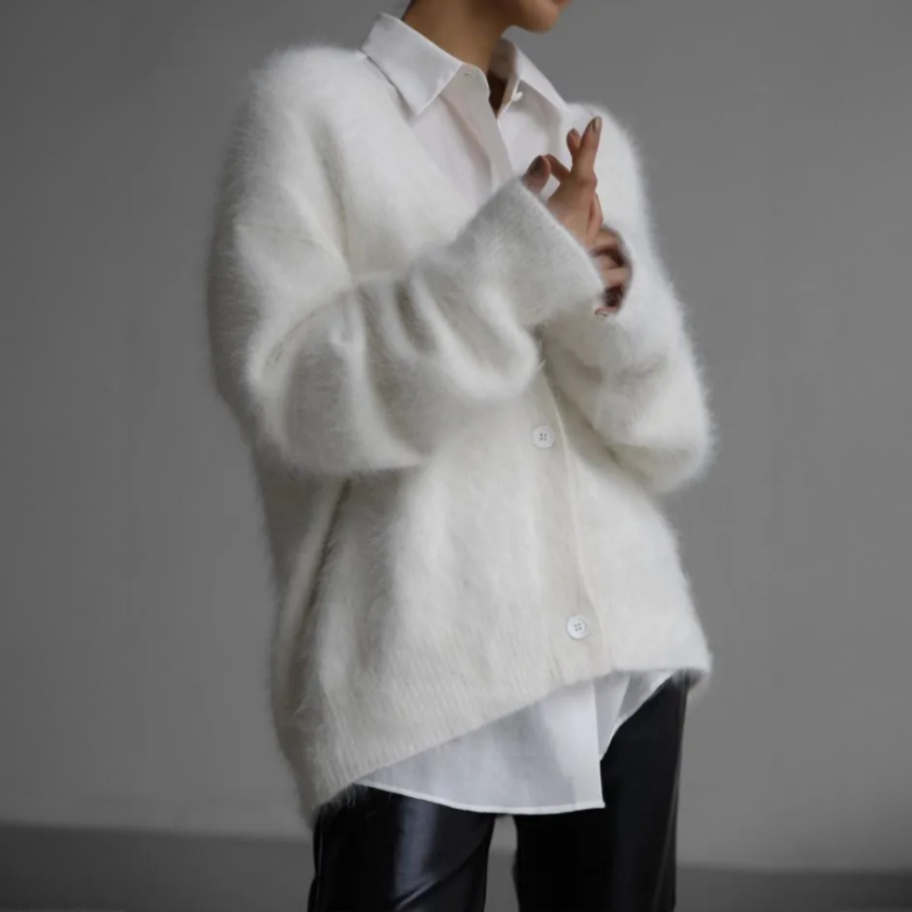 WW | Strickpullover Weicher Mohair Übergröße Passform Lange Ärmel Knopfverschluss