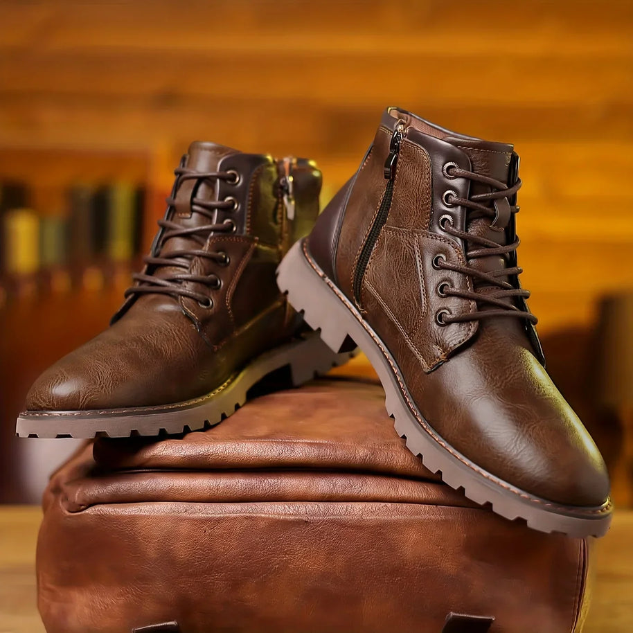 WW | Klassische Herren Lederstiefeletten Mit Robuster Sohle Und Seitlichem Reißverschluss