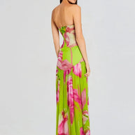 WW | Neues Sommerdruck Strapless Mesh Patchwork Schlitz Lang Kleid Frauen Sexy Ärmellos Gedruckt Bunt Ferien Maxi Kleid Party