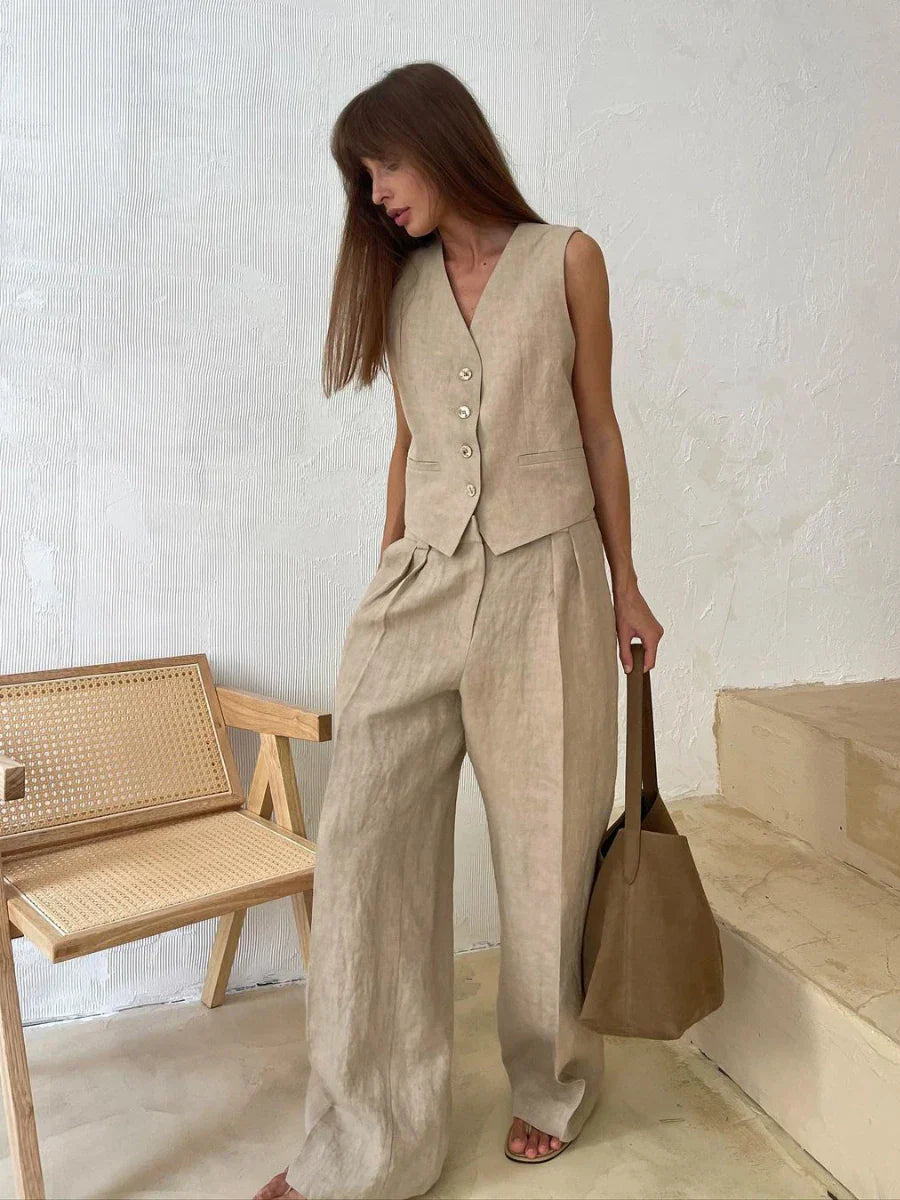 WW | Wollgefühl Frauen Leinen Baumwolle Schick Weste ＆ Hosen Set Zweiteiliges Set Büro Damen Sommer Schick 2 Teiliges Set Damen Outfits