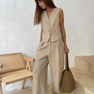 WW | Wollgefühl Frauen Leinen Baumwolle Schick Weste ＆ Hosen Set Zweiteiliges Set Büro Damen Sommer Schick 2 Teiliges Set Damen Outfits