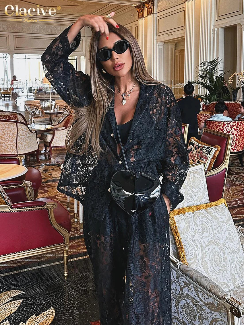 WW | Clacive Sexy Loose Schwarze Spitze Transparente Hosen Set Frauen 2 Stück Mode Langarm Shirt mit Hoher Taille Breite Hosen Set