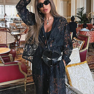 WW | Clacive Sexy Loose Schwarze Spitze Transparente Hosen Set Frauen 2 Stück Mode Langarm Shirt mit Hoher Taille Breite Hosen Set