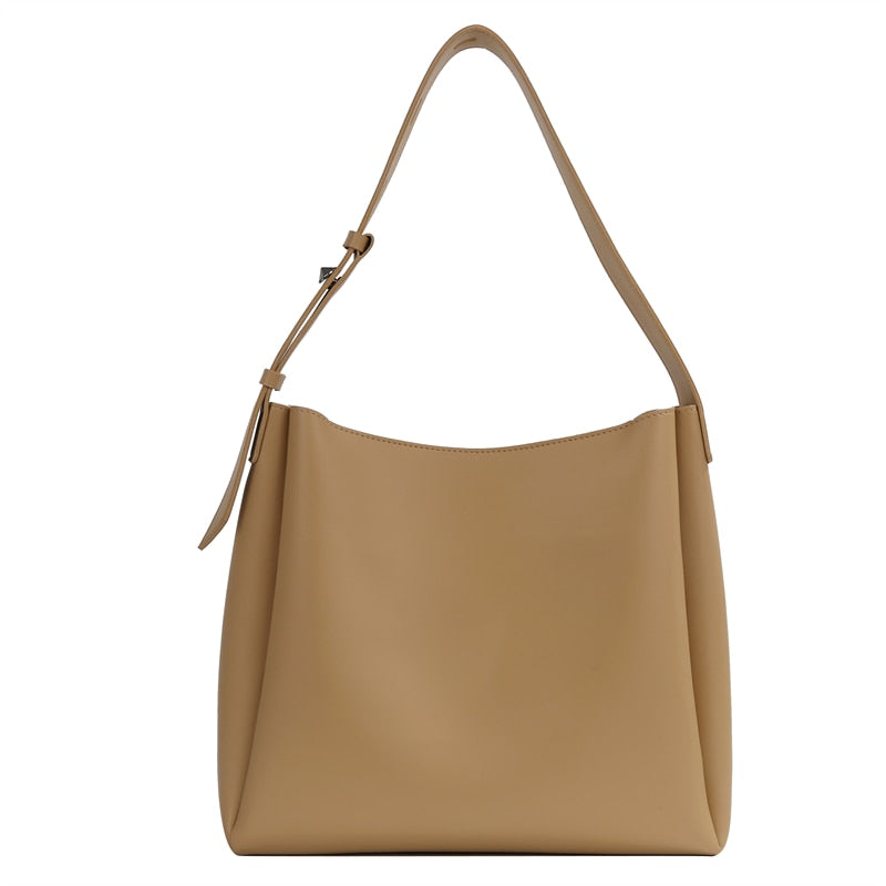 WW Hochwertige Damen Shopper Große Kapazität Schultertasche Reine Farbe Breiter Riemen Weiches PU-Leder
