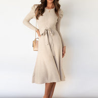 WW | Elegantes Gestricktes Midi Kleid Mit Gürtel Für Damen