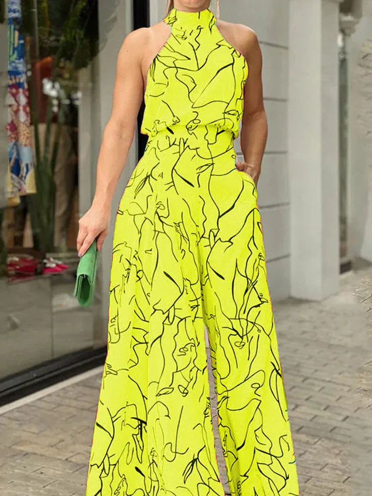 WW | Damen Elegante Taille Halterneck Jumpsuit Lässiger Druck Bindung Ohne Ärmel Breite Beine Lange Hosen Sommer Kleidung