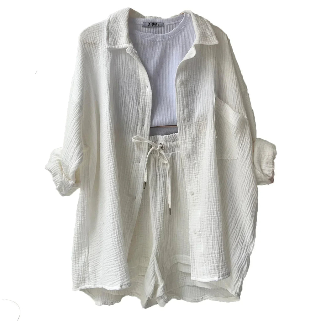 WW | 2 Teiliges Lässiges Nachtwäsche Baumwolle Pyjama für Frauen Umgeschlagenen Kragen Schlaf T-Shirts Set mit Shorts Gas Strickjacke Zuhausekleidung Sommer
