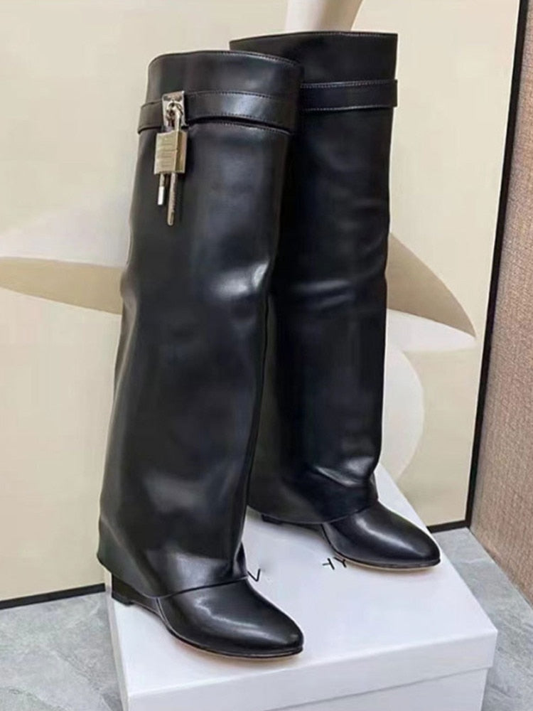 W&W Mode | Damen Kniehoge Stiefel Shark Lock Lange Dicke Sohlen High Heels Stiefel Designer Luxusmarke Damen Lederstiefel