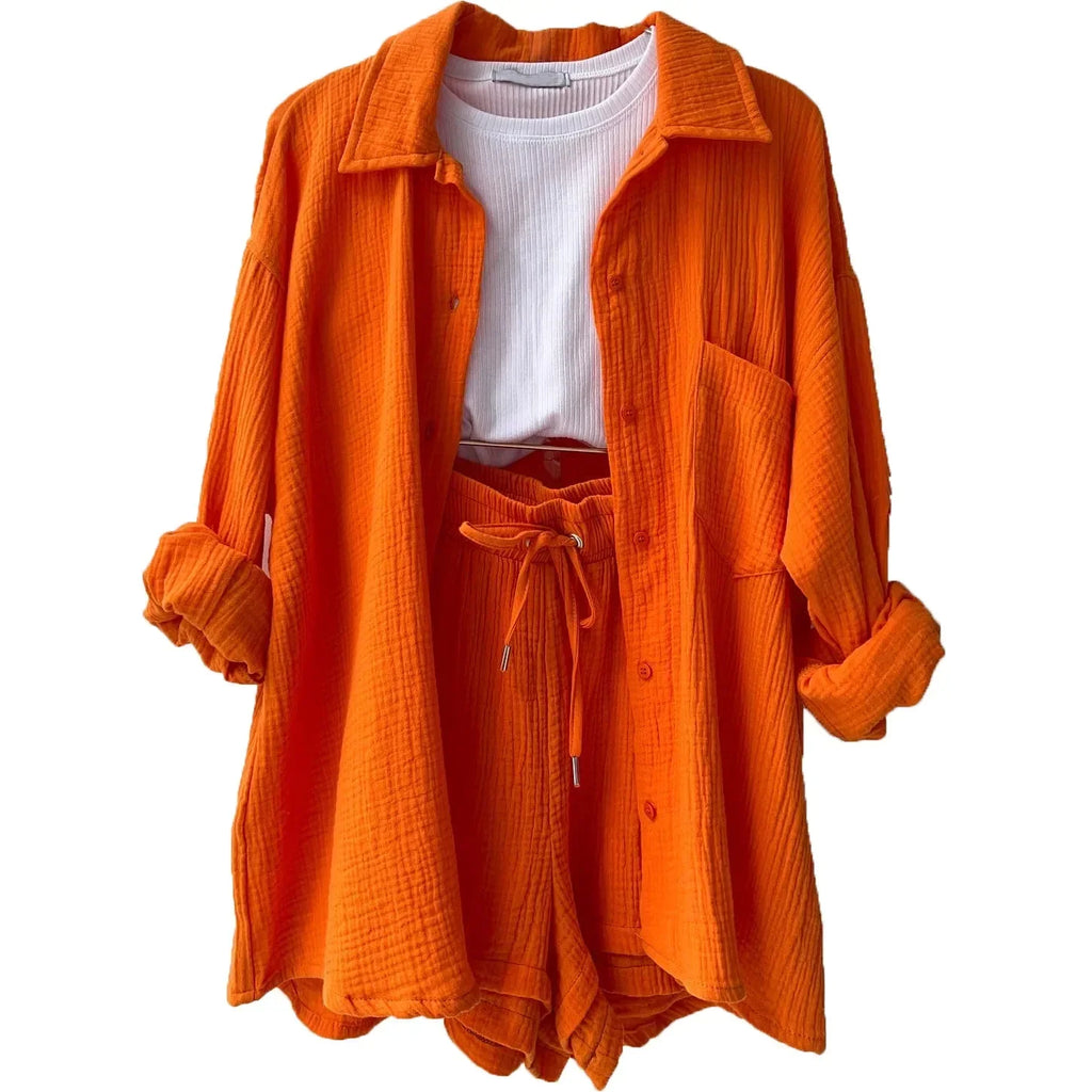 WW | 2 Teiliges Lässiges Nachtwäsche Baumwolle Pyjama für Frauen Umgeschlagenen Kragen Schlaf T-Shirts Set mit Shorts Gas Strickjacke Zuhausekleidung Sommer