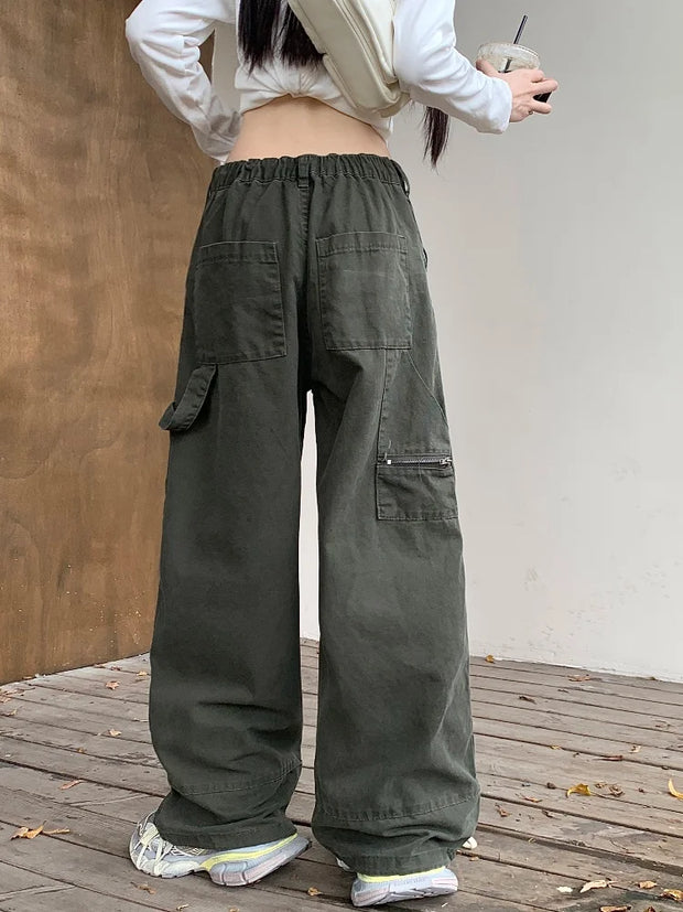 WW | Y2K Streetwear Vintage Grün Baggy Jeans Cargo-Hosen für Damen Designer Kleidung Weit Beinformte Legere Damenhosen