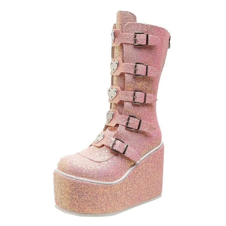 WW | Punk Frauen Pailletten Stiefel Damen Cosplay Hohe Stiefel Komfort Lange Röhrenstiefel Pink Plattform Hohe Wedges Frauen Schuhe Gothic Stiefel