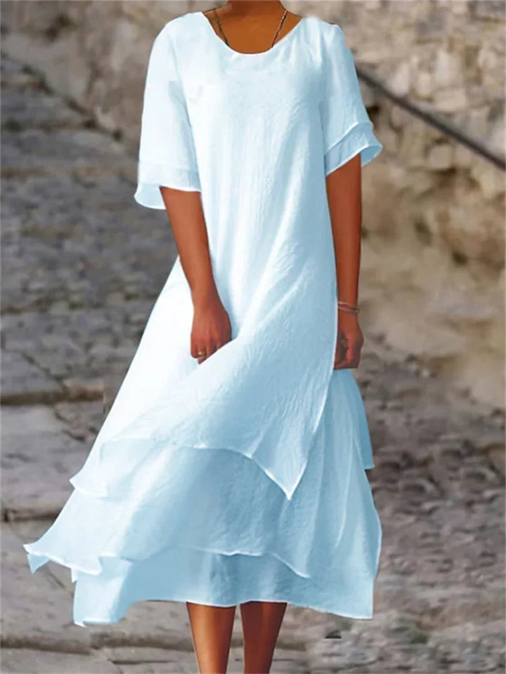 W&W Mode | Doppellagiges Geschlitztes Kurzärmeliges Kleid Mit Rundhalsausschnitt