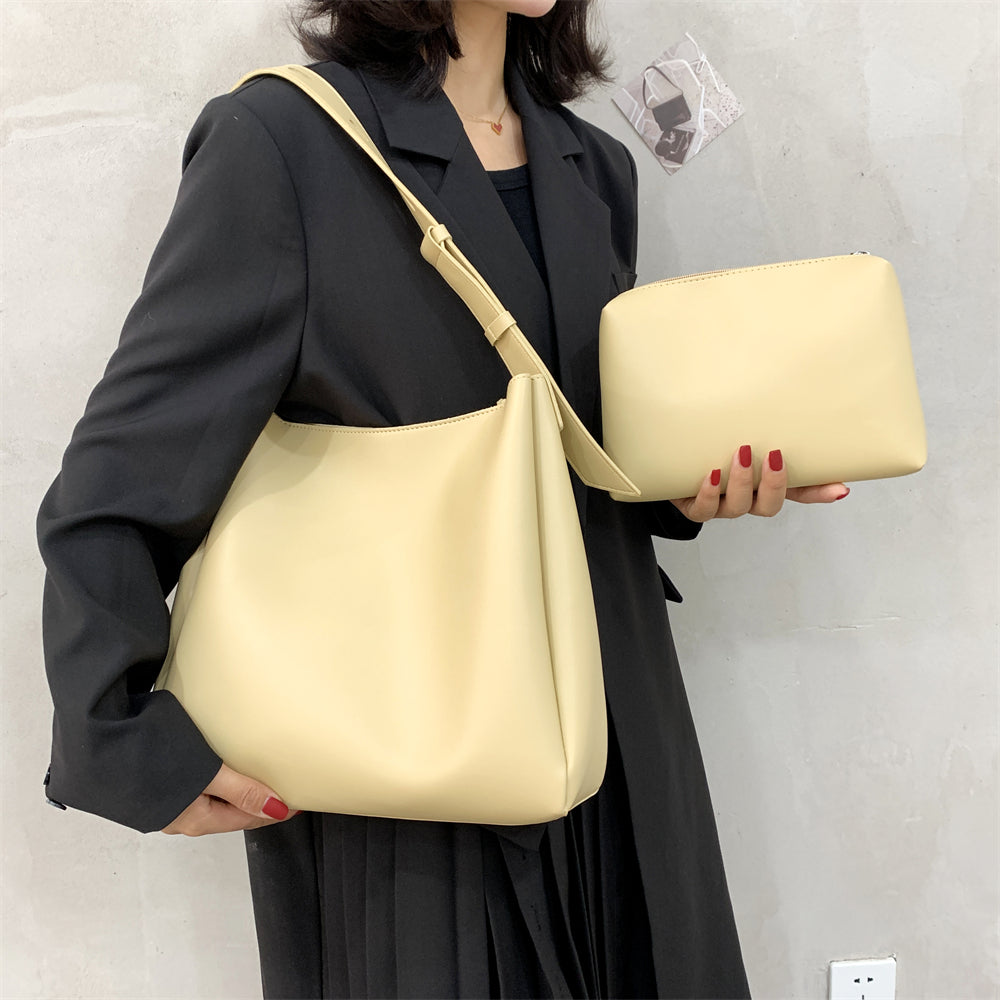 WW Hochwertige Damen Shopper Große Kapazität Schultertasche Reine Farbe Breiter Riemen Weiches PU-Leder