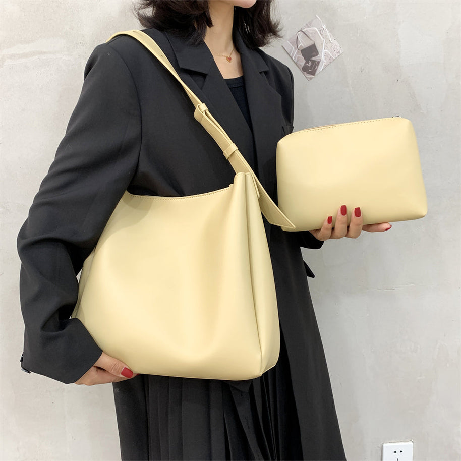 WW Hochwertige Damen Shopper Große Kapazität Schultertasche Reine Farbe Breiter Riemen Weiches PU-Leder