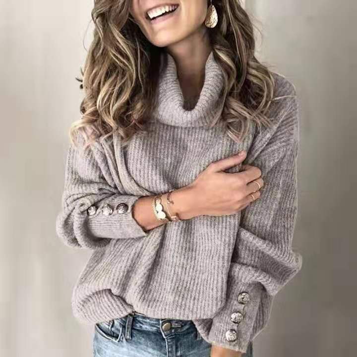 WW Damenpullover | Gestrickter Turtleneck Pullover mit Knopfdesign für lockere Tops