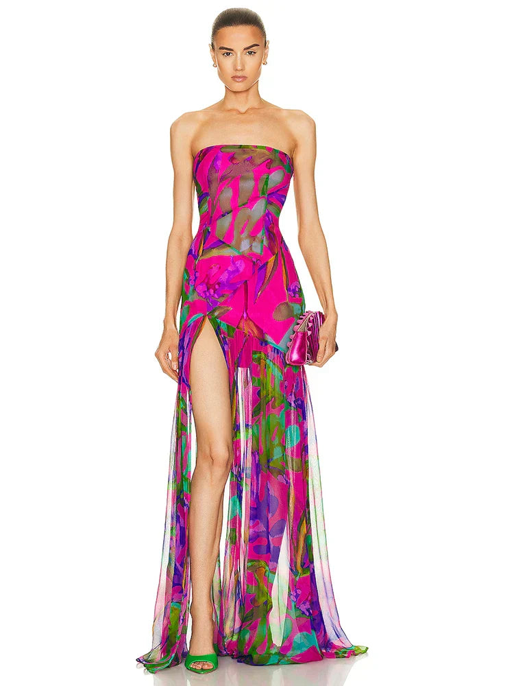 WW | Neues Sommerdruck Strapless Mesh Patchwork Schlitz Lang Kleid Frauen Sexy Ärmellos Gedruckt Bunt Ferien Maxi Kleid Party