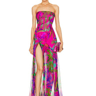 WW | Neues Sommerdruck Strapless Mesh Patchwork Schlitz Lang Kleid Frauen Sexy Ärmellos Gedruckt Bunt Ferien Maxi Kleid Party