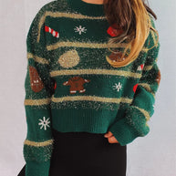 WW - Hässlicher Weihnachtspulli - Jacquard gestrickter Kurzpullover mit Goldstreifen
