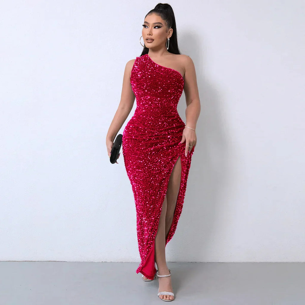 WW | Festkleider für Frauen Sexy Pailletten Nacht Kleid Ein Schulter Ärmellos Bodycon Abend Maxi Kleid Kleidung
