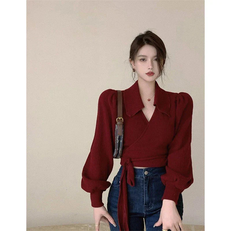 WW | Jahrgang Crop Pullover Frauen Bandage Strick Pullover Streetwear Koreanisch Laterne Ärmel Strickwaren Elegant Bodycon Jumpers