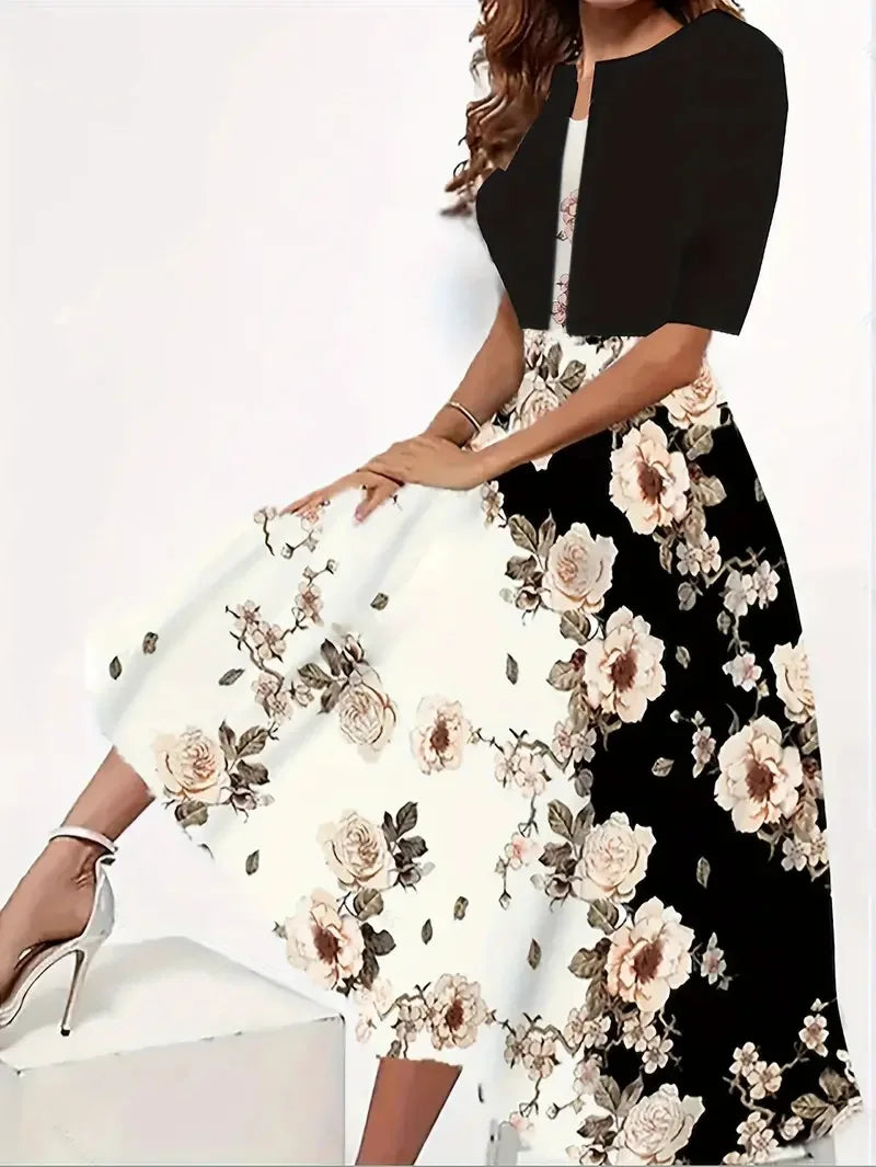 WW | Neu für Den Sommer! Eu Us Herbst Frau 2 Lang Kleid Set Blumen und Graspunkt Crew Neck Kleid mit Chiffon Kurzjacke
