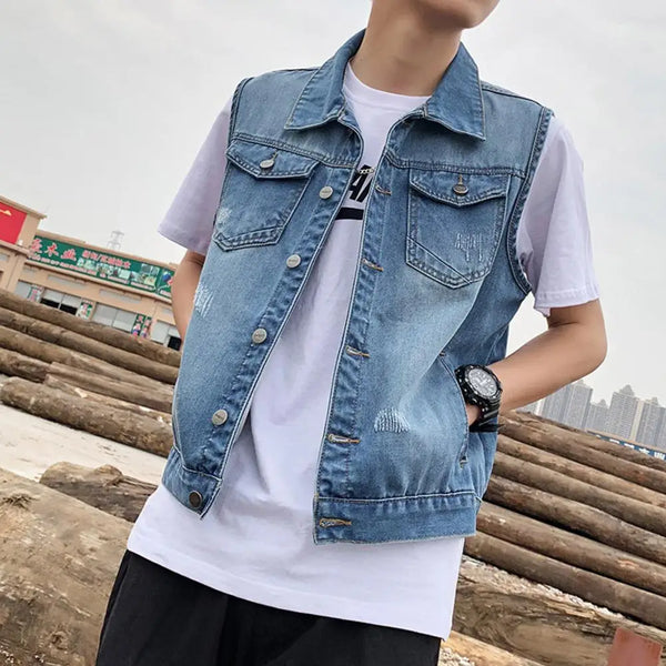 WW | Ärmellose Jeansjacke Für Herren Mit Zerrissenen Taschen