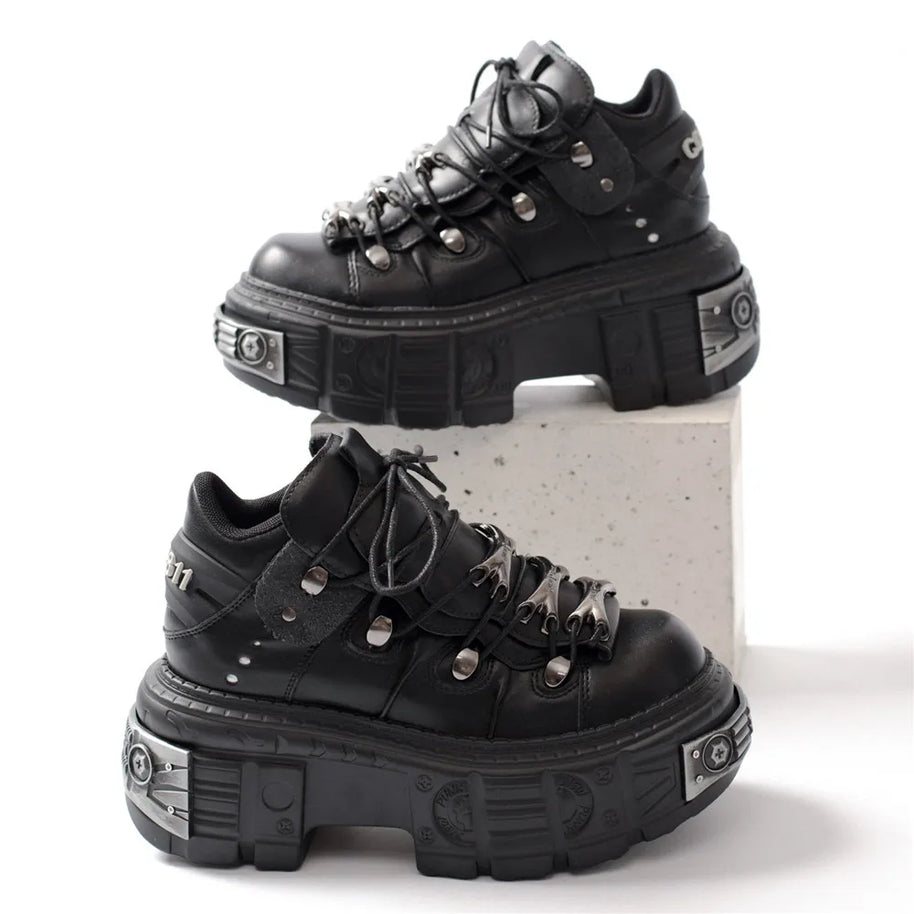WW | Frauen Ankle Boots für Frauen Dicke Sohle Schnürsenkel Metall Dekoration Runde Zehen Plattform Schuhe Ladeis Punk Gothic Sneakers