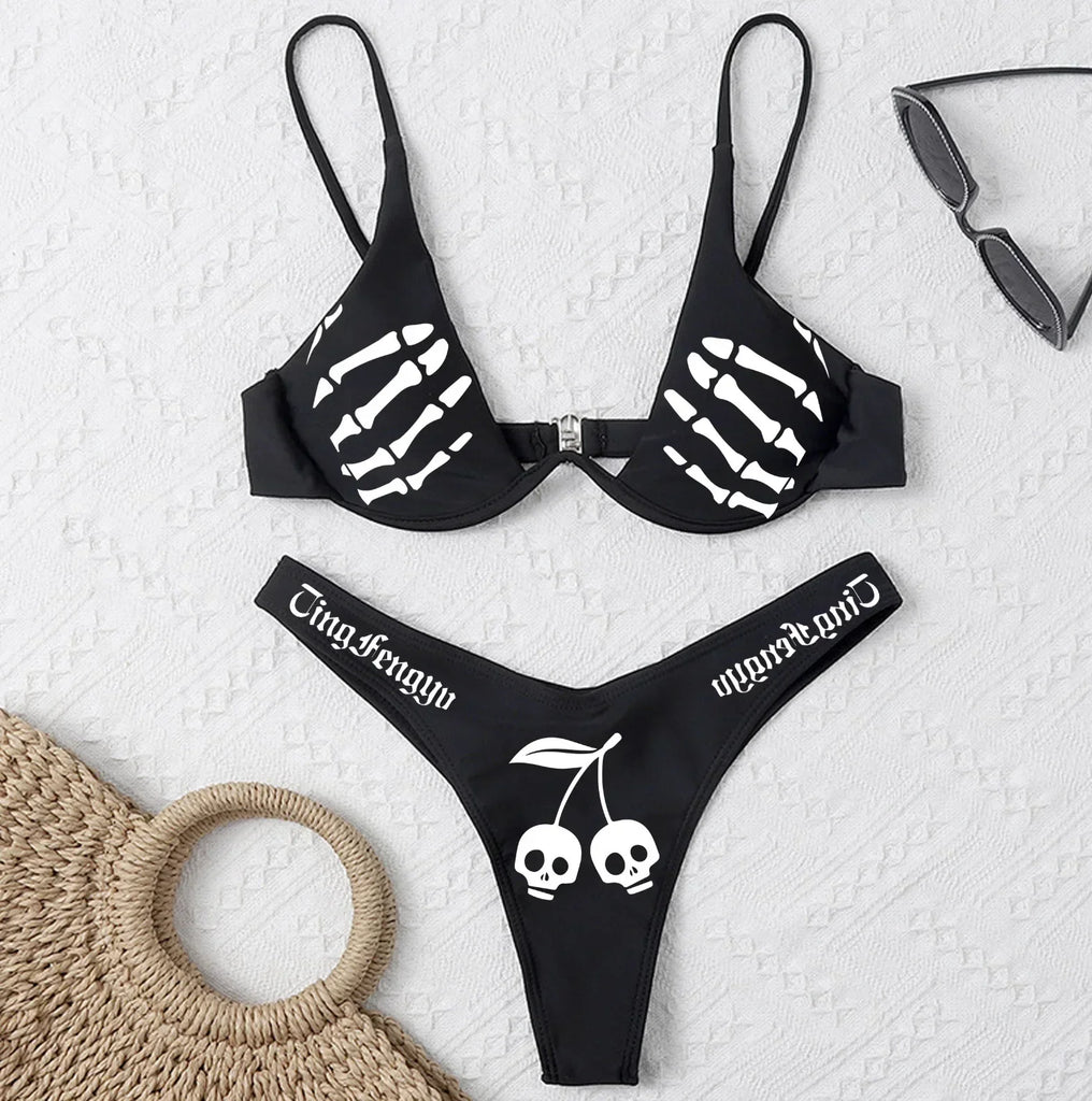 WW | Sexy Goth Bikini Frauen Buchstaben Totenkopf Druck Badeanzug Split Badeanzug Hohe Taille Gotische Bikini Set Strandoutfits