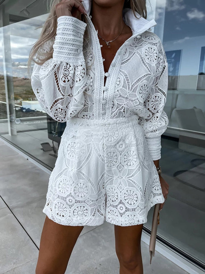 W&W Mode | Hohle Spitzenbluse Und Shorts Satz