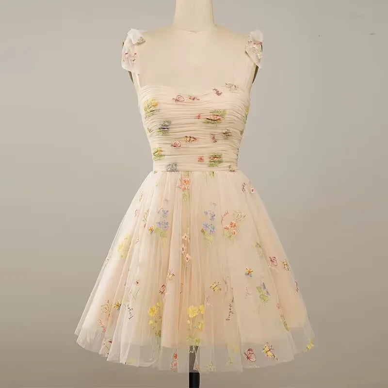 WW | Fairy Forest Green Kurze Prom Kleider Spaghetti-Träger Bunte Blumen Spitze Abend Feier