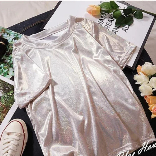 WW | S 5Xl Damen Funkelnd Shiny Metallisch Holografisch Rundhals Kurzarm Lässig Lose Top Festival Party T-Shirt Damenbekleidung