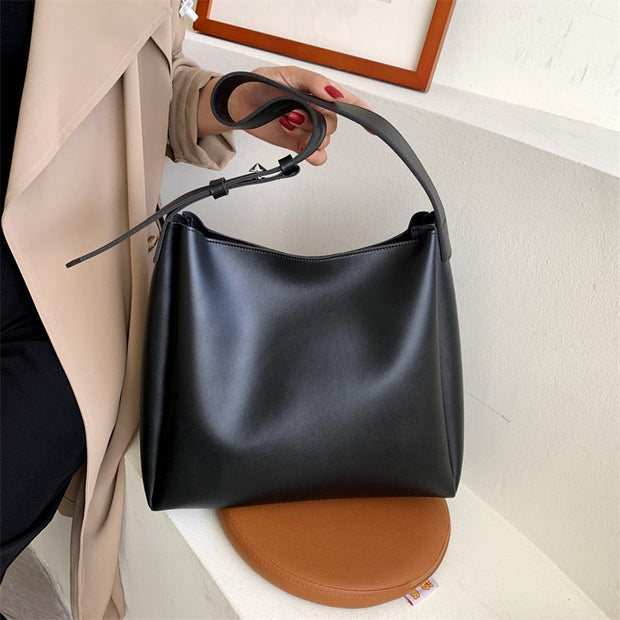 WW Hochwertige Damen Shopper Große Kapazität Schultertasche Reine Farbe Breiter Riemen Weiches PU-Leder