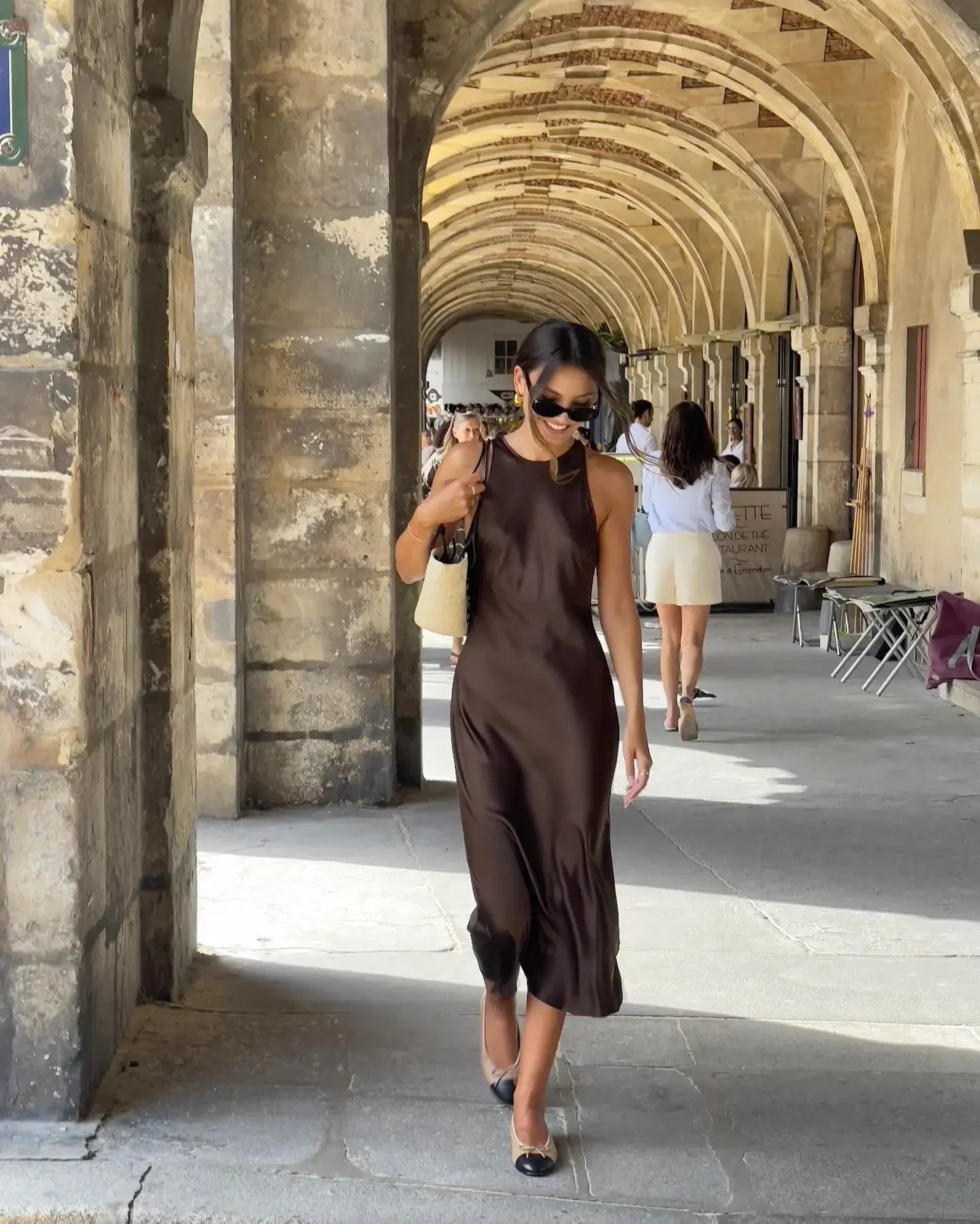 WW | Einfarbiges Satin Ärmelloses Maxikleid