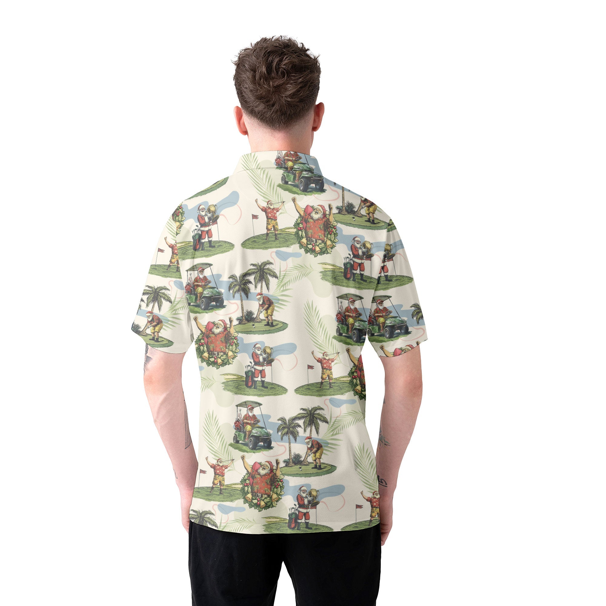 WW | Herren Beige Santa Golf spielend Weihnachts Golf Polo Shirts