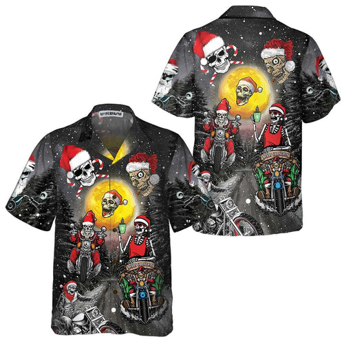 W&W Mode | Santa Skeleton Fröhliche Weihnachten Hawaiian Shirt, Lustiges Motorrad Schädel Biker Weihnachts Shirt, Geschenk zu Weihnachten