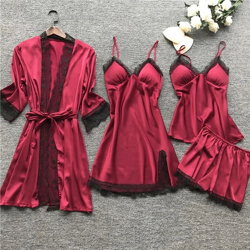 WW | Schlafanzug Set Luxus Sommer Satin Schlafanzug Set Mit Spitze Für Damen
