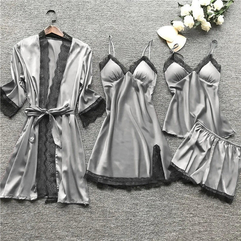 WW | Schlafanzug Set Luxus Sommer Satin Schlafanzug Set Mit Spitze Für Damen