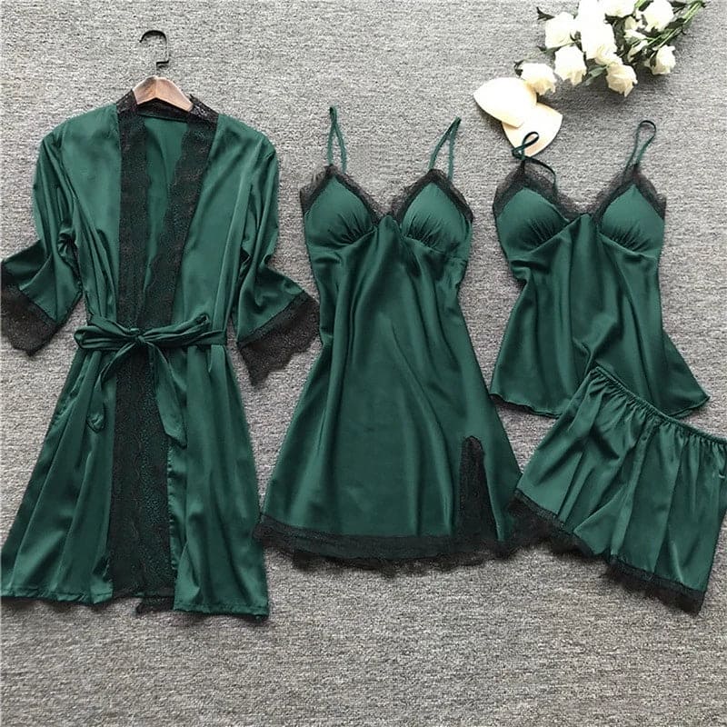 WW | Schlafanzug Set Luxus Sommer Satin Schlafanzug Set Mit Spitze Für Damen