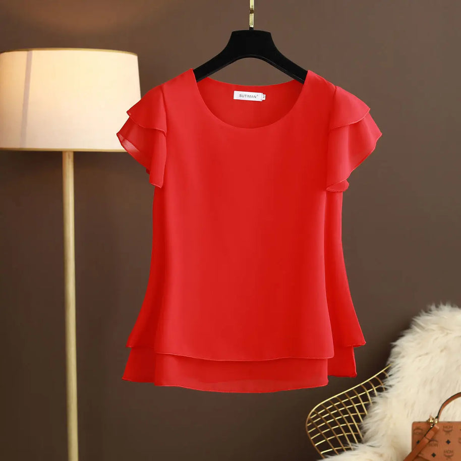 WW | Chiffon Bluse Mit O-ausschnitt Und Kurzen Ärmeln
